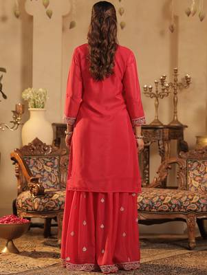 Pink embroidered chinon kurta trouser dupatta set 2