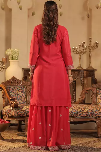 Pink embroidered chinon kurta trouser dupatta set