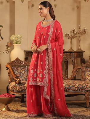 Pink embroidered chinon kurta trouser dupatta set 3
