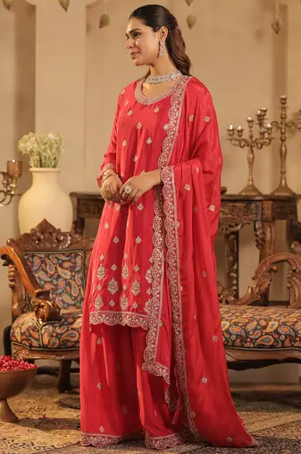 Pink embroidered chinon kurta trouser dupatta set