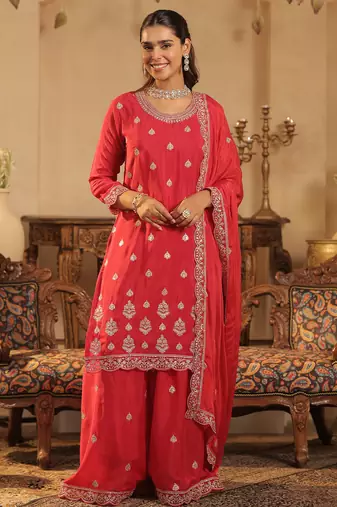Pink embroidered chinon kurta trouser dupatta set