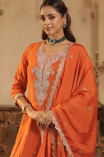 Orange embroidered chinon kurta trouser dupatta set