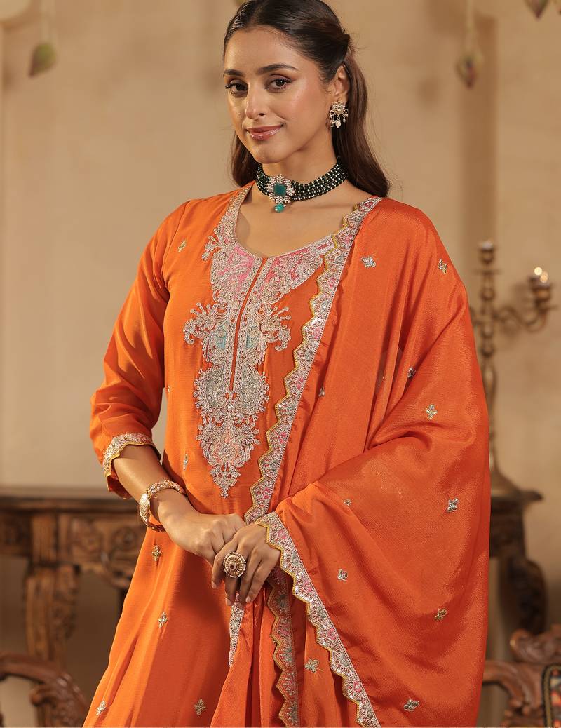 Orange embroidered chinon kurta trouser dupatta set