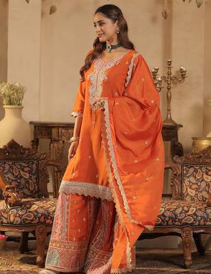 Orange embroidered chinon kurta trouser dupatta set 3