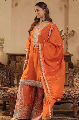 Orange embroidered chinon kurta trouser dupatta set