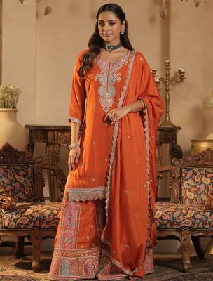 Orange embroidered chinon kurta trouser dupatta set 4