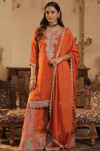 Orange embroidered chinon kurta trouser dupatta set