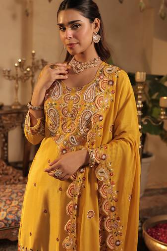 Mustard embroidered chinon kurta trouser dupatta set