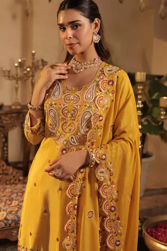 Mustard embroidered chinon kurta trouser dupatta set