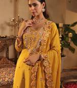 Mustard embroidered chinon kurta trouser dupatta set