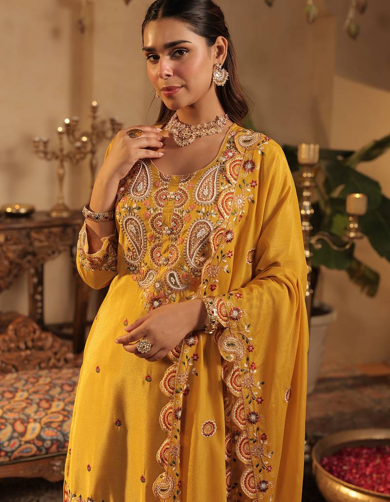 Mustard embroidered chinon kurta trouser dupatta set
