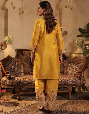 Mustard embroidered chinon kurta trouser dupatta set 2
