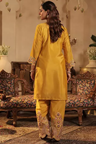 Mustard embroidered chinon kurta trouser dupatta set