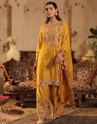 Mustard embroidered chinon kurta trouser dupatta set 3