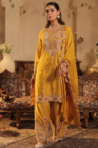 Mustard embroidered chinon kurta trouser dupatta set