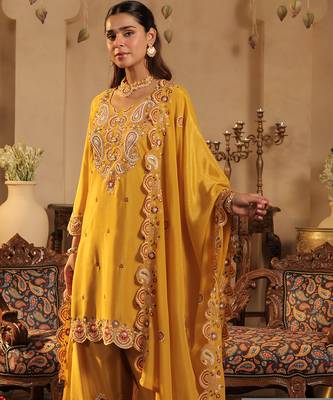 Mustard embroidered chinon kurta trouser dupatta set 4