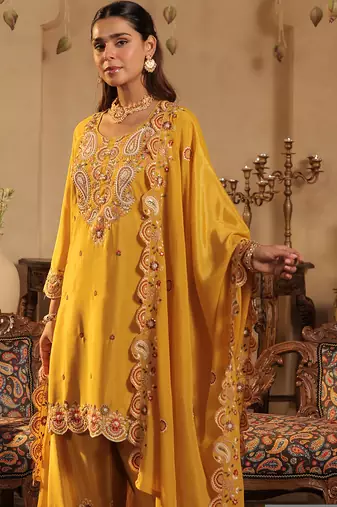 Mustard embroidered chinon kurta trouser dupatta set