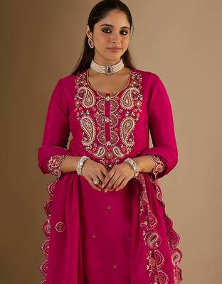 Pink embroidered chinon kurta trouser dupatta set 1