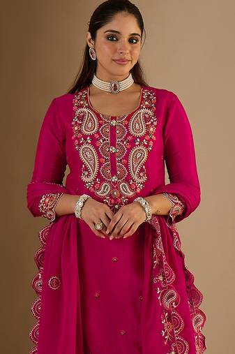 Pink embroidered chinon kurta trouser dupatta set