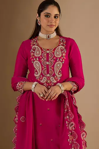Pink embroidered chinon kurta trouser dupatta set