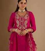 Pink embroidered chinon kurta trouser dupatta set