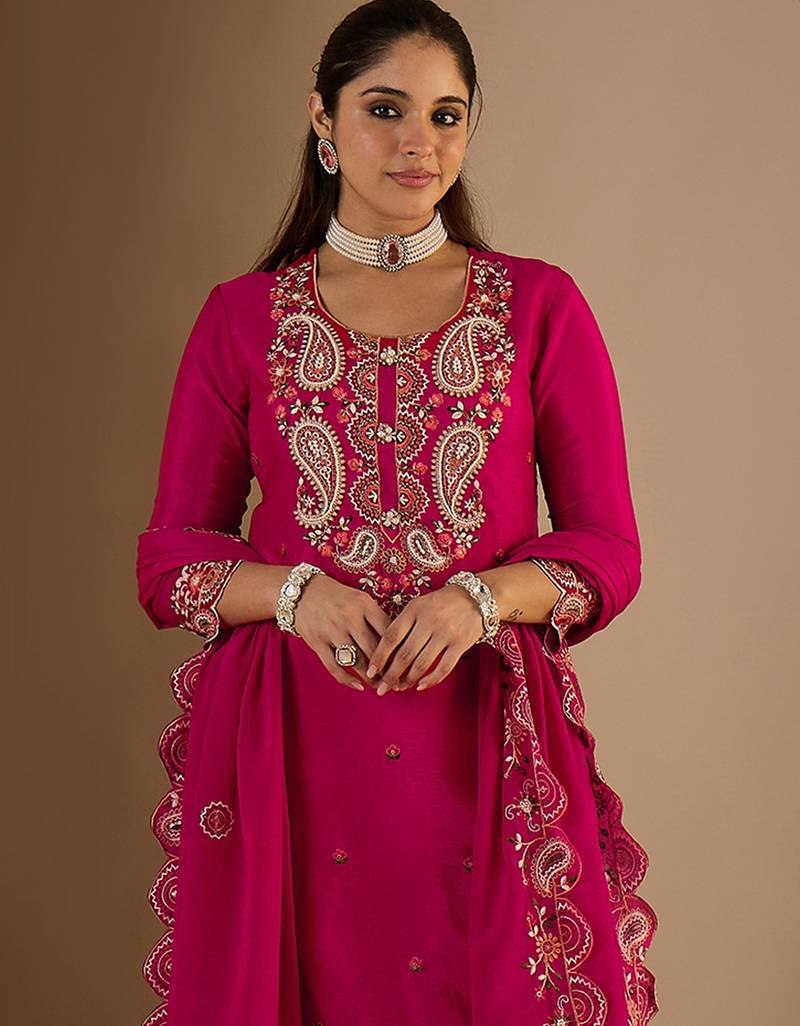 Pink embroidered chinon kurta trouser dupatta set
