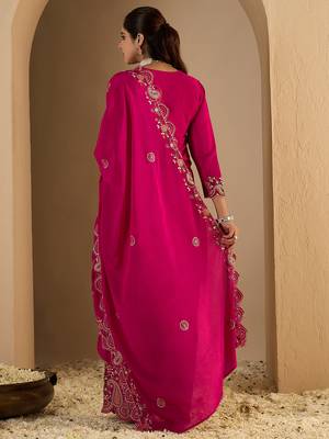 Pink embroidered chinon kurta trouser dupatta set 2
