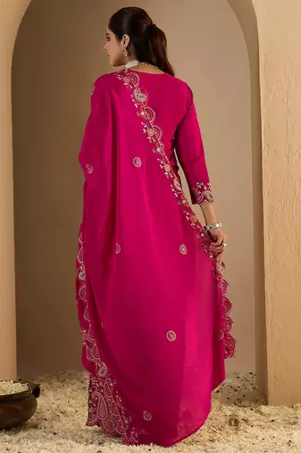 Pink embroidered chinon kurta trouser dupatta set