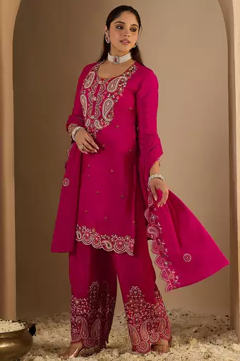 Pink embroidered chinon kurta trouser dupatta set