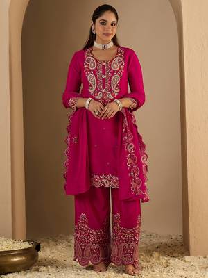 Pink embroidered chinon kurta trouser dupatta set 4