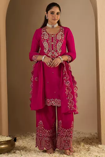 Pink embroidered chinon kurta trouser dupatta set