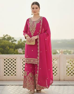 Pink embroidered chinon kurta trouser dupatta set 1
