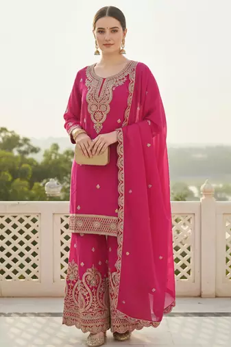 Pink embroidered chinon kurta trouser dupatta set