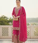 Pink embroidered chinon kurta trouser dupatta set