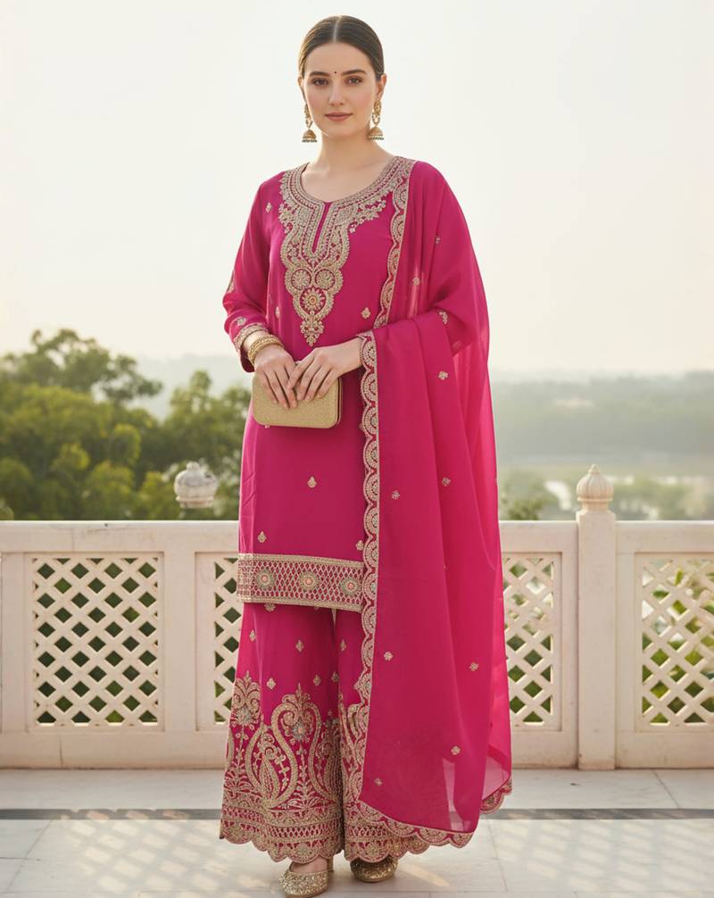 Pink embroidered chinon kurta trouser dupatta set