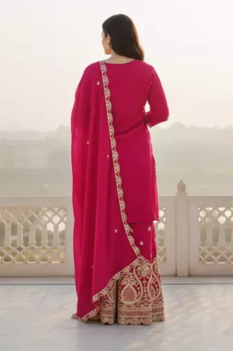 Pink embroidered chinon kurta trouser dupatta set