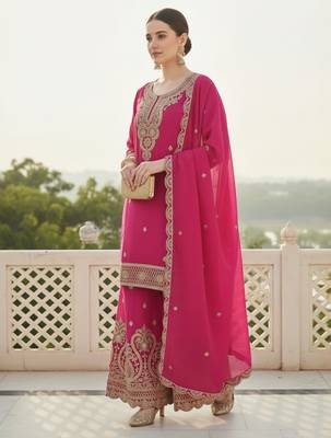 Pink embroidered chinon kurta trouser dupatta set 3