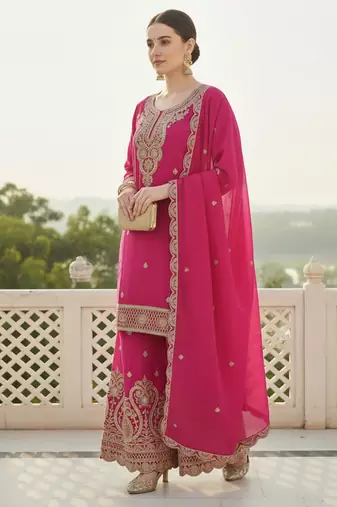 Pink embroidered chinon kurta trouser dupatta set