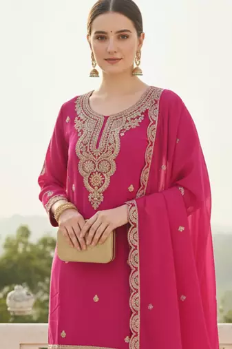 Pink embroidered chinon kurta trouser dupatta set