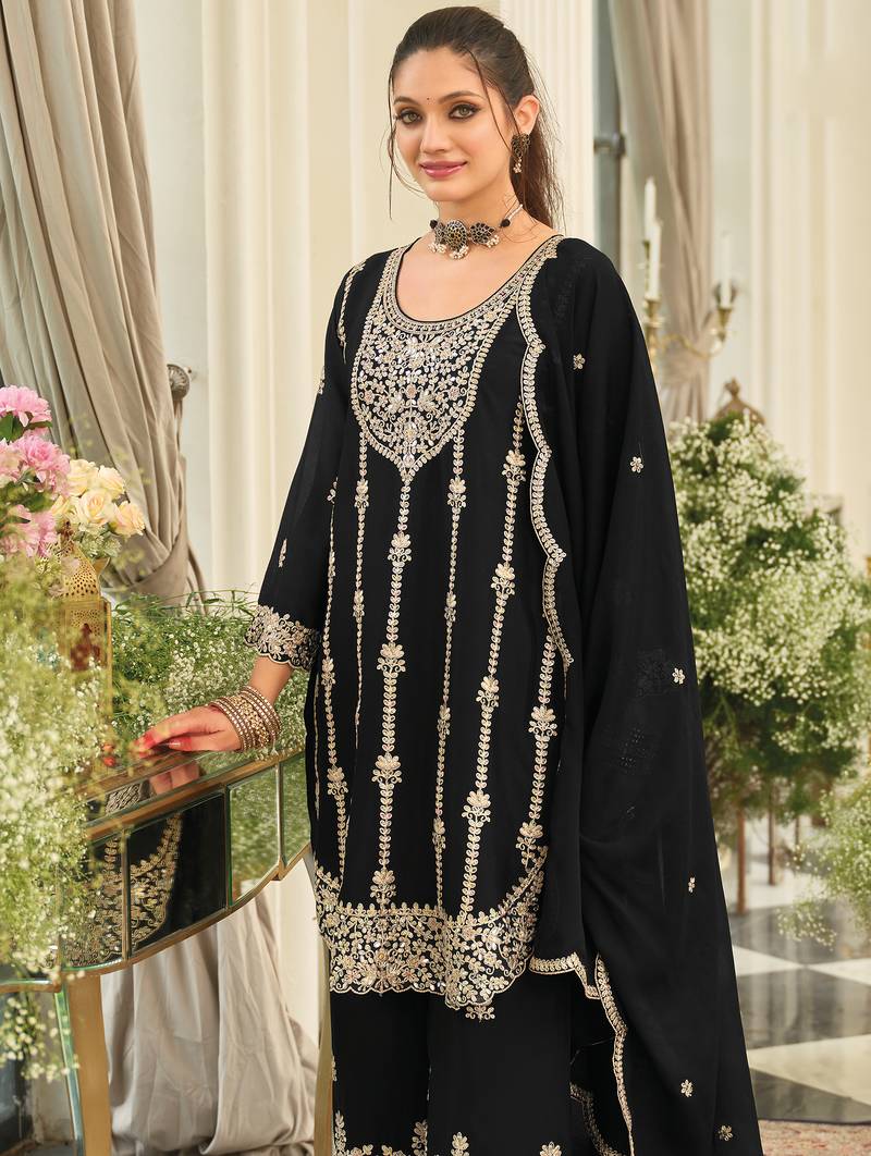 Black embroidered chinon kurta trouser dupatta set
