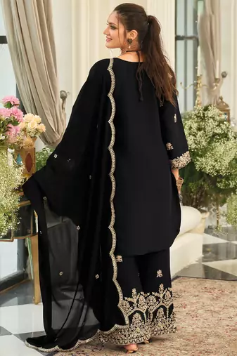 Black embroidered chinon kurta trouser dupatta set