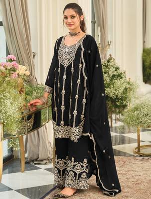 Black embroidered chinon kurta trouser dupatta set 3