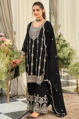 Black embroidered chinon kurta trouser dupatta set