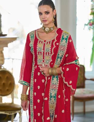 Red embroidered chinon kurta trouser dupatta set 1