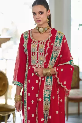 Red embroidered chinon kurta trouser dupatta set