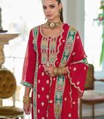 Red embroidered chinon kurta trouser dupatta set