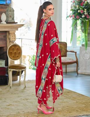 Red embroidered chinon kurta trouser dupatta set 2