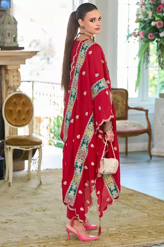 Red embroidered chinon kurta trouser dupatta set