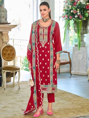 Red embroidered chinon kurta trouser dupatta set 3