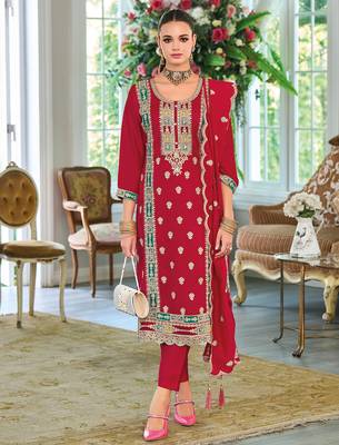 Red embroidered chinon kurta trouser dupatta set 4